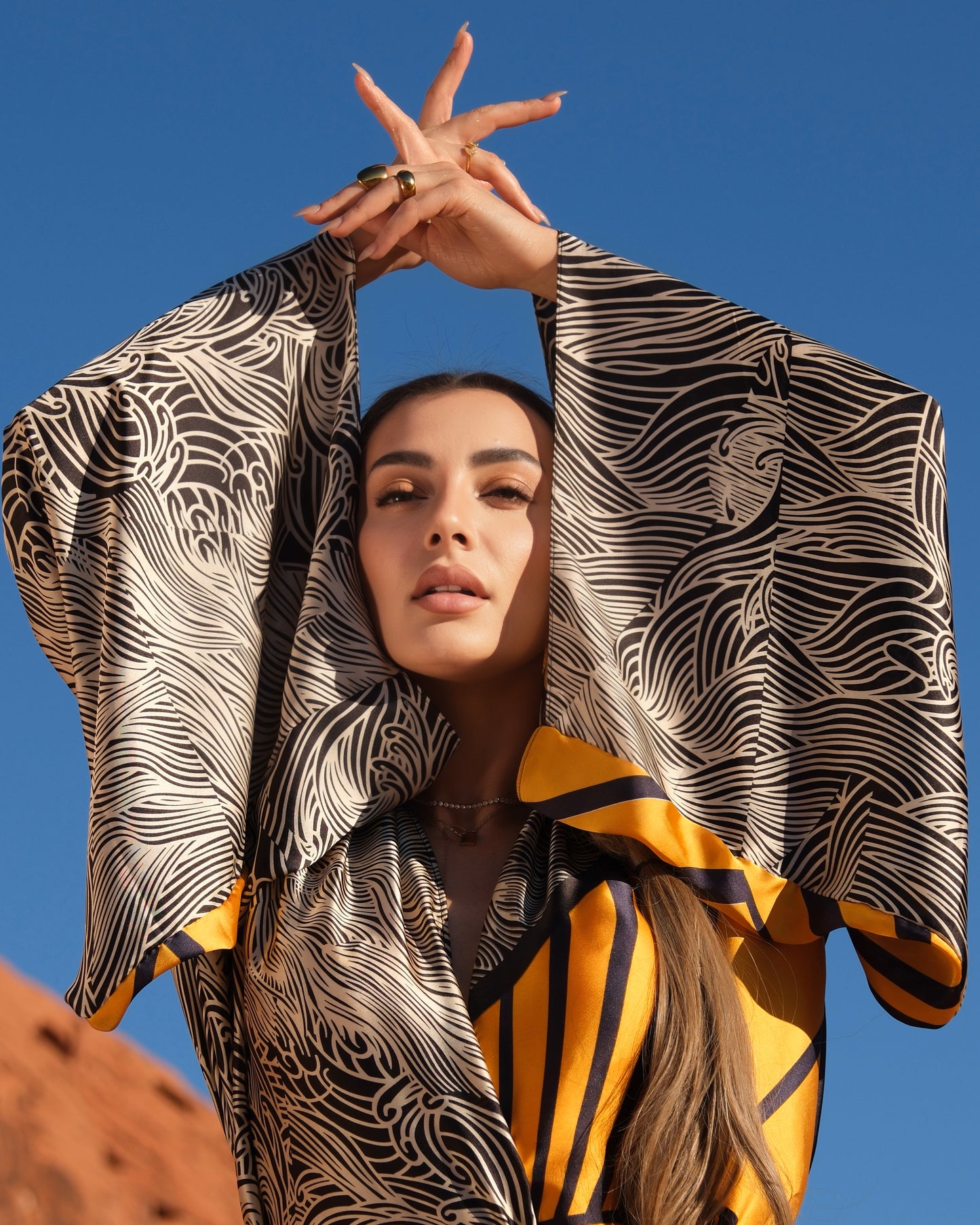 Minerva - Short gold printed Kaftan dress