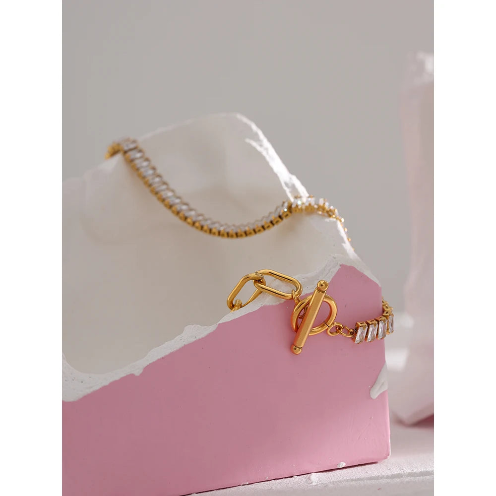 Waterproof PVD 18K Gold Plated Stainless Steel Metal Chain Exquisite Shiny Cubic Zirconia Collar Necklace Accessories