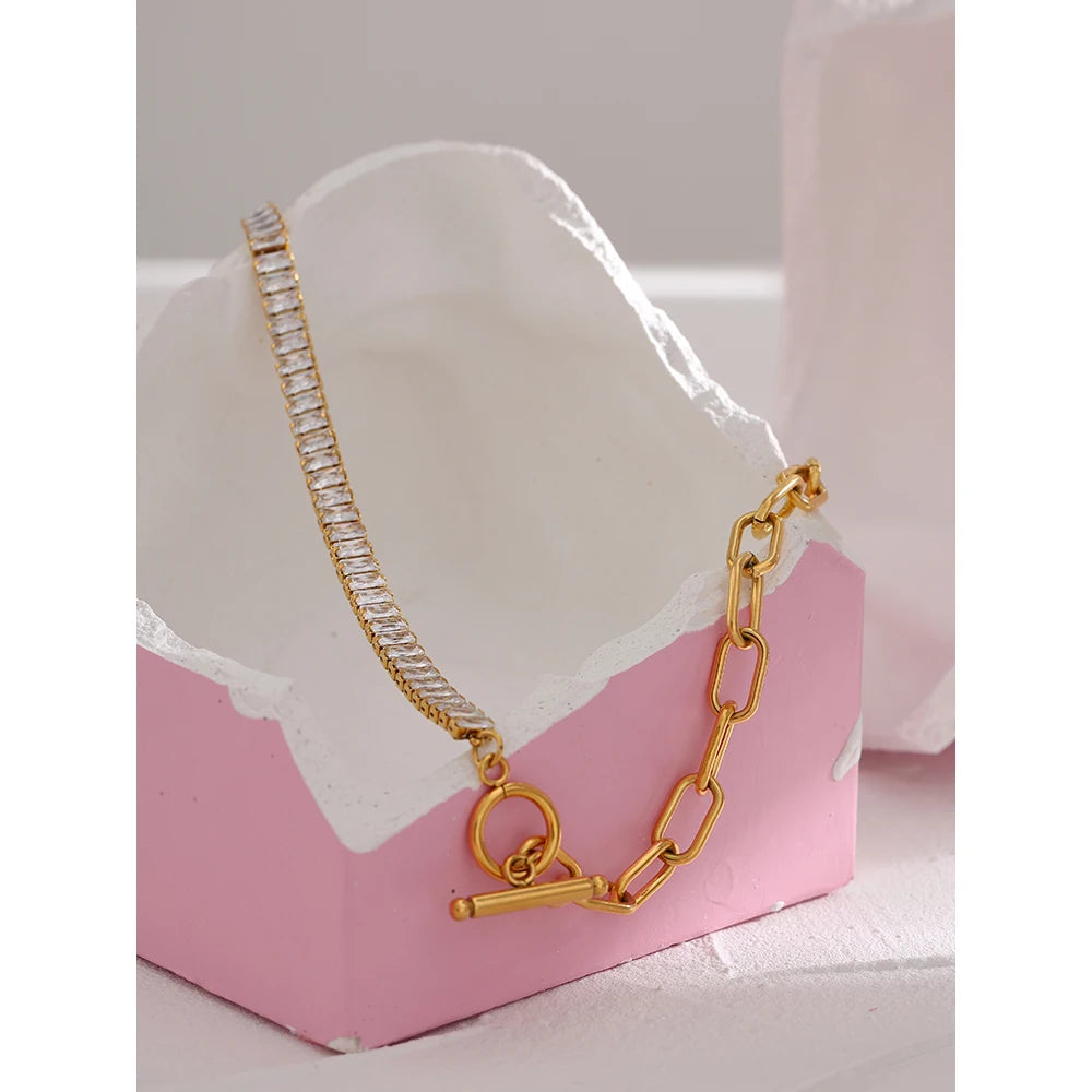 Waterproof PVD 18K Gold Plated Stainless Steel Metal Chain Exquisite Shiny Cubic Zirconia Collar Necklace Accessories