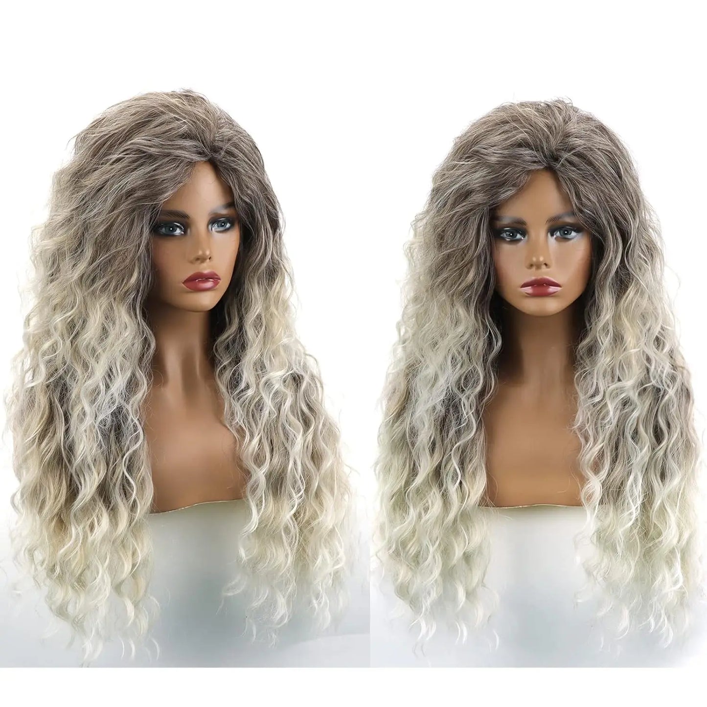 Long Curly Ombre Ash Blonde Synthetic Wig for Women - Heat Resistant Wavy Layered Wig for Natural Daily Wear
