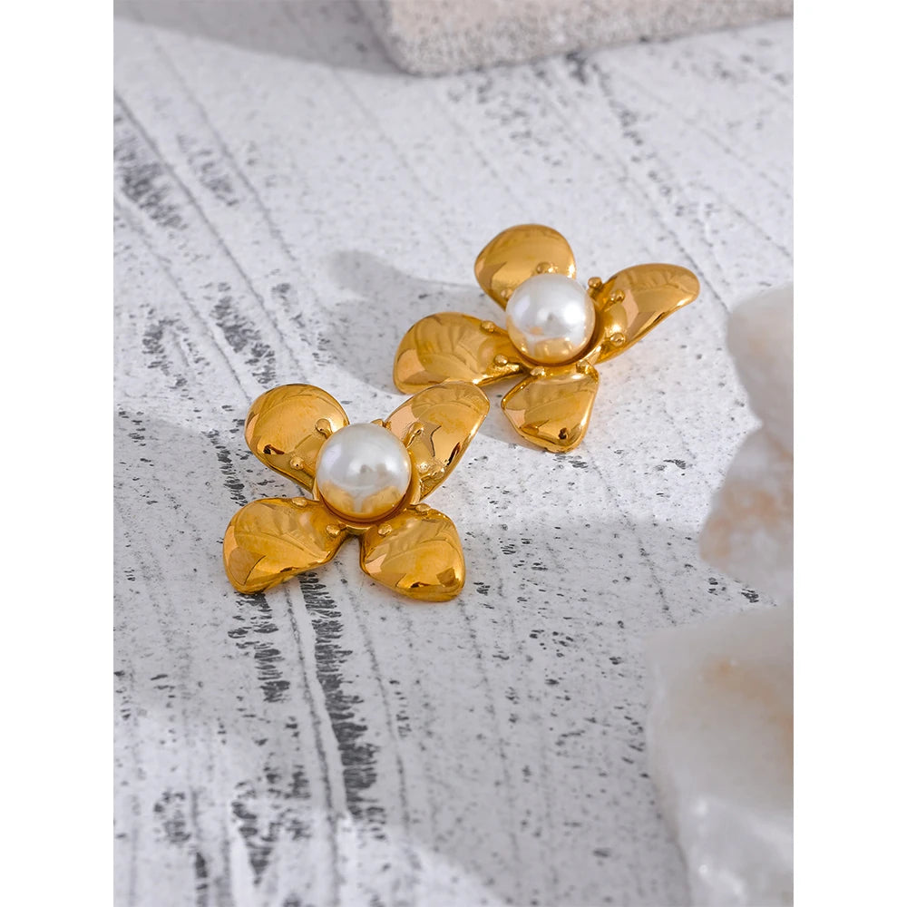 Elegant Imitation Pearls Stainless Steel PVD 18K Gold Plated Flower Big Stud Earrings Women Golden Rust Proof Trendy Jewelry Party Gift 2023