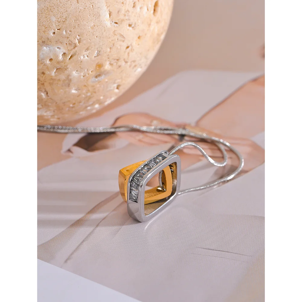 Stainless Steel PVD 18K Gold Plated Square Hollow Double Layered Overlay Pendant Necklace Cubic Zirconia Unisex lovers Jewelry Men Women