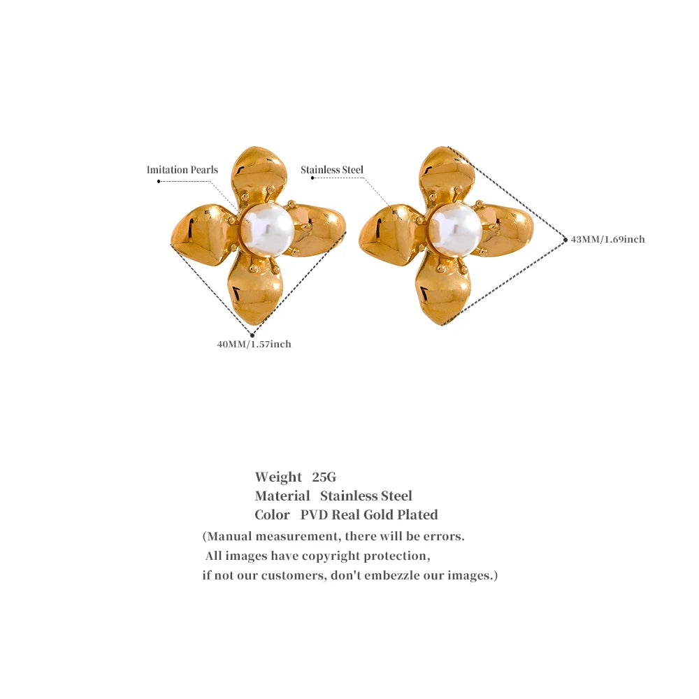 Elegant Imitation Pearls Stainless Steel PVD 18K Gold Plated Flower Big Stud Earrings Women Golden Rust Proof Trendy Jewelry Party Gift 2023