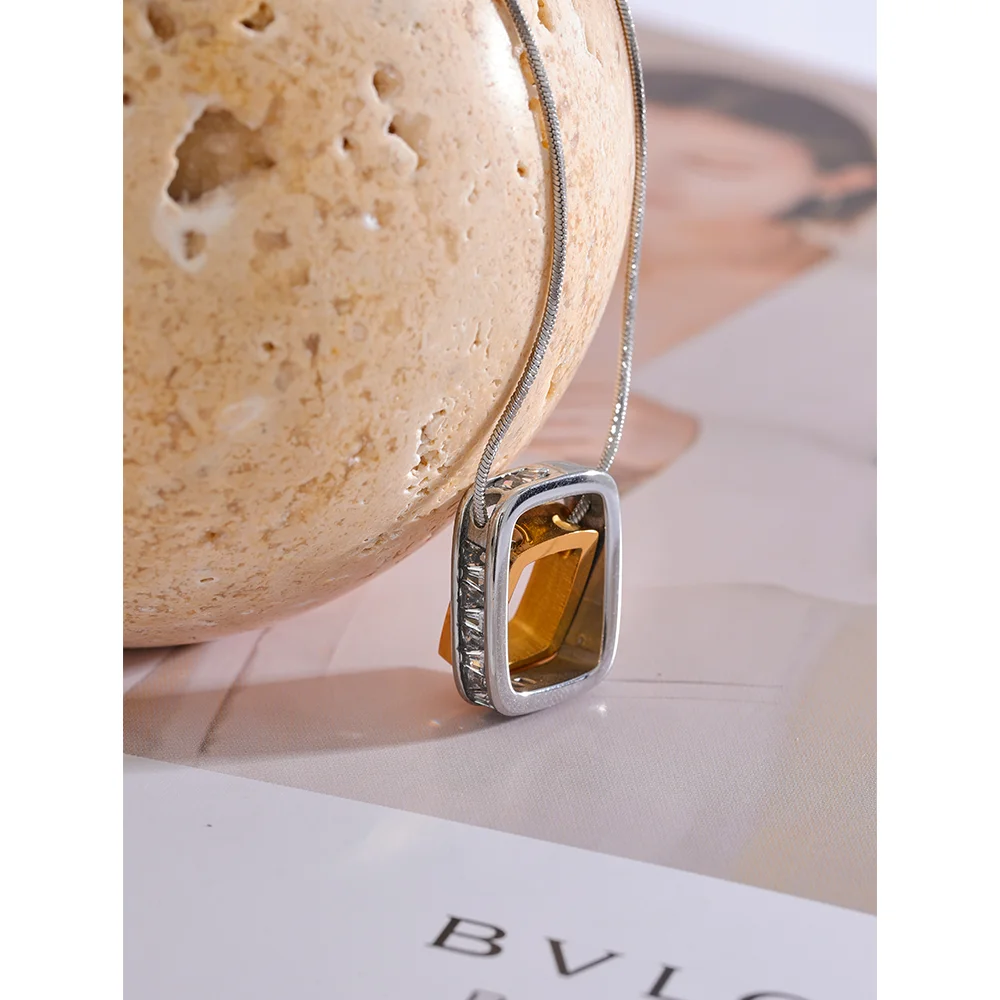 Stainless Steel PVD 18K Gold Plated Square Hollow Double Layered Overlay Pendant Necklace Cubic Zirconia Unisex lovers Jewelry Men Women