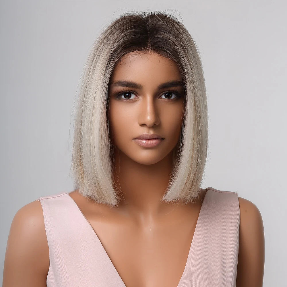Short Brown Blonde Ombre Synthetic Bob Wig with Middle Part for Women - Heat Resistant Fiber