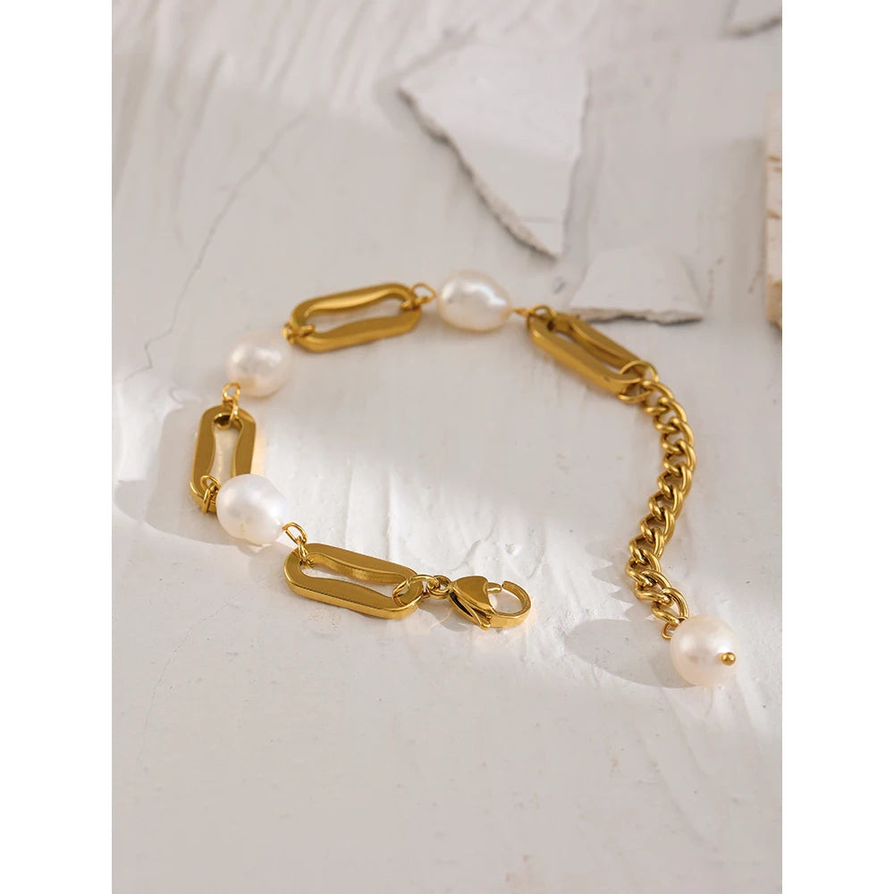 Stainless Steel PVD 18K Gold Plated Chain Bracelet Elegant Natural Pearl Jewelry Metal  Waterproof Accessories Girls Gift