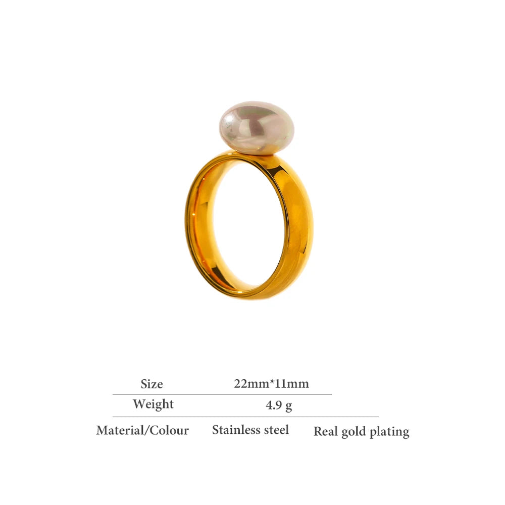 Elegant Shell Pearl Ring Fashion Gold Stainless Steel Metal Texture PVD 18 K Gold Plated Geometric Charm Jewelry Women Engagement