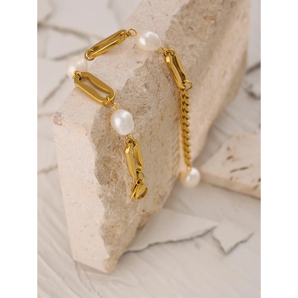 Stainless Steel PVD 18K Gold Plated Chain Bracelet Elegant Natural Pearl Jewelry Metal  Waterproof Accessories Girls Gift