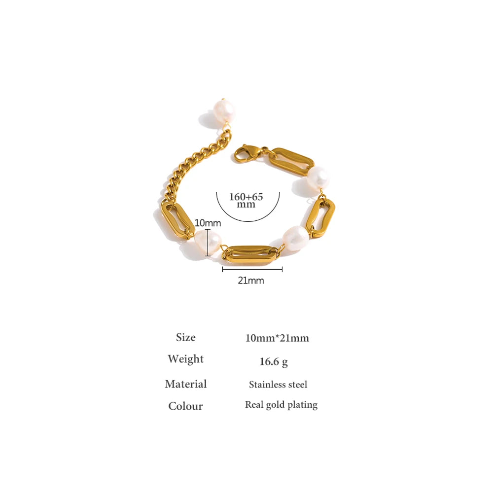 Stainless Steel PVD 18K Gold Plated Chain Bracelet Elegant Natural Pearl Jewelry Metal  Waterproof Accessories Girls Gift