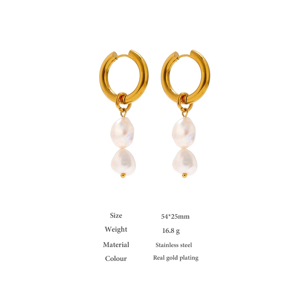 Stainless Steel PVD 18K Gold Plated Natural Pearl Hoop Earrings Charm Metal Texture Geometric Fashion Jewelry Gift
