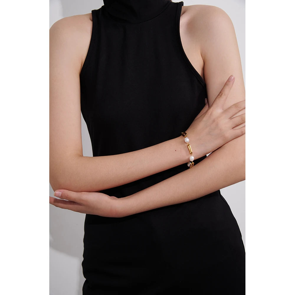 Stainless Steel PVD 18K Gold Plated Chain Bracelet Elegant Natural Pearl Jewelry Metal  Waterproof Accessories Girls Gift