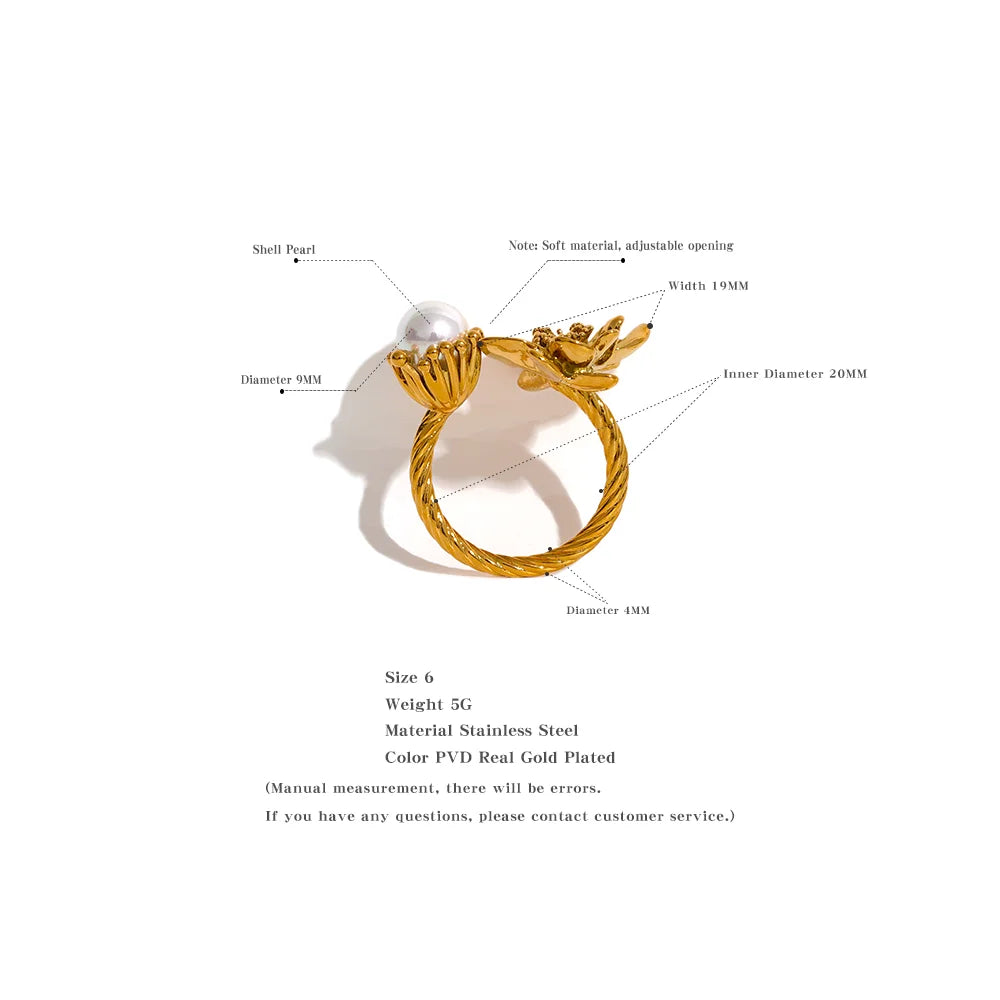 Stainless Steel Fashion Charm Flower Ring for Women Personality Statement Finger PVD 18K Gold Plated Color Waterproof Jewelry Accessories