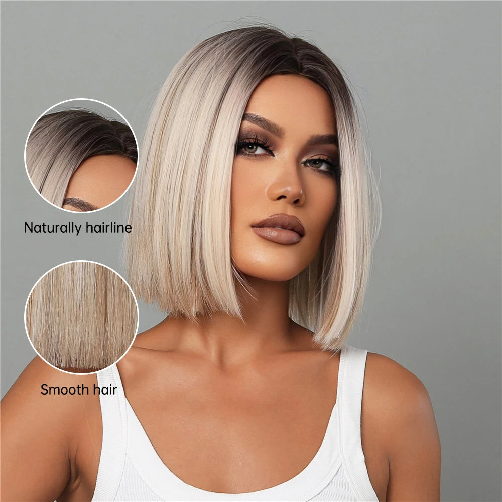 Short Brown Blonde Ombre Synthetic Bob Wig with Middle Part for Women - Heat Resistant Fiber