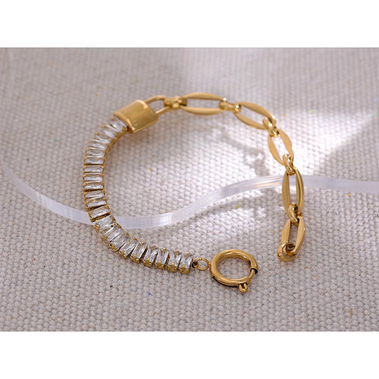 Waterproof PVD 18K Gold Plated  Metal Lock Chain Bling Cubic Zirconia Stainless Steel Bracelet Bangle Stylish Luxury Trendy Fashion Jewelry