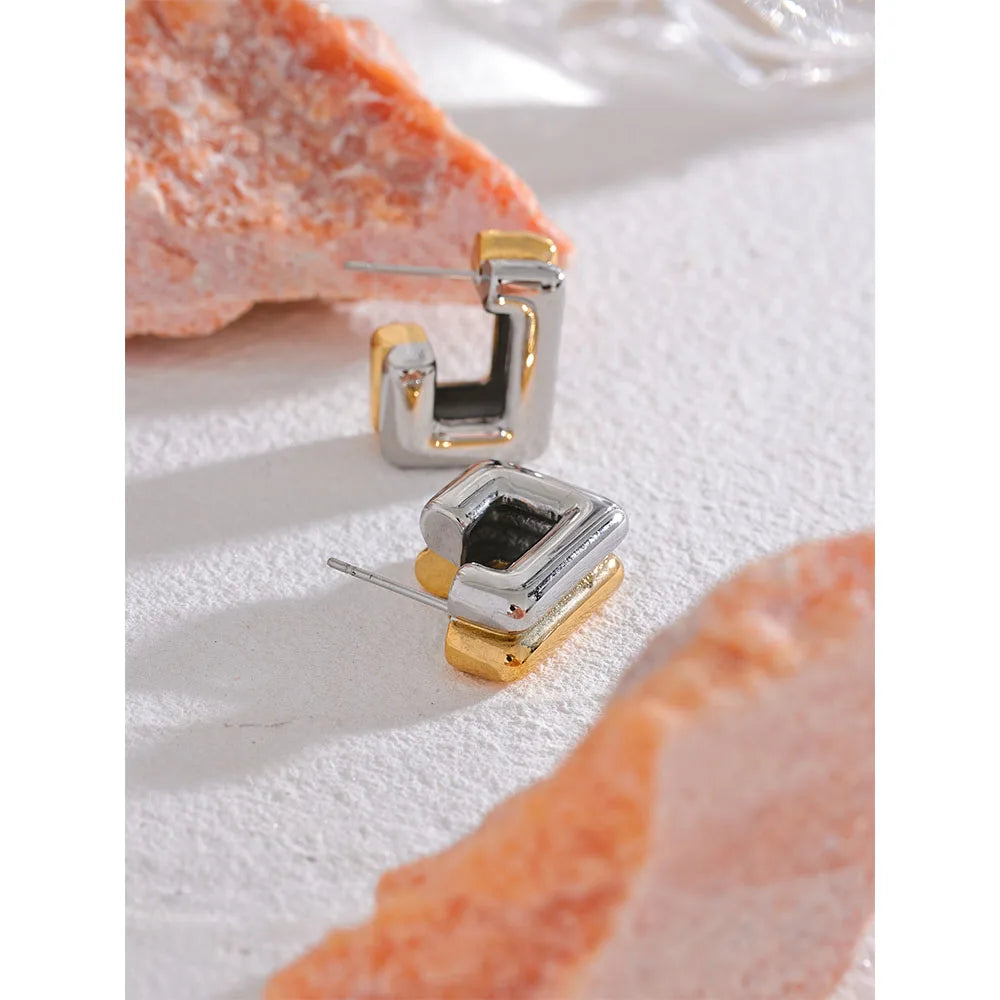 Stainless Steel PVD 18K Gold Plated  Square Geometric Gold Silver Double Color Earrings 2023 Metal Texture Charm Waterproof Jewelry for Women