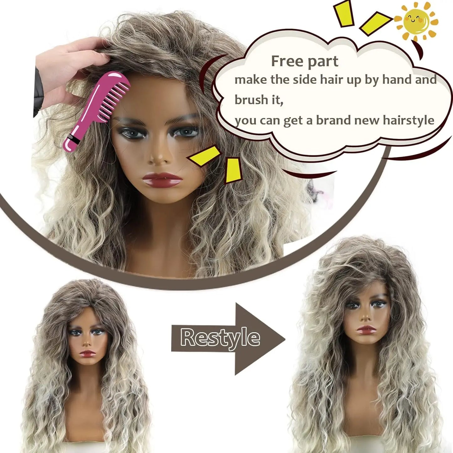 Long Curly Ombre Ash Blonde Synthetic Wig for Women - Heat Resistant Wavy Layered Wig for Natural Daily Wear