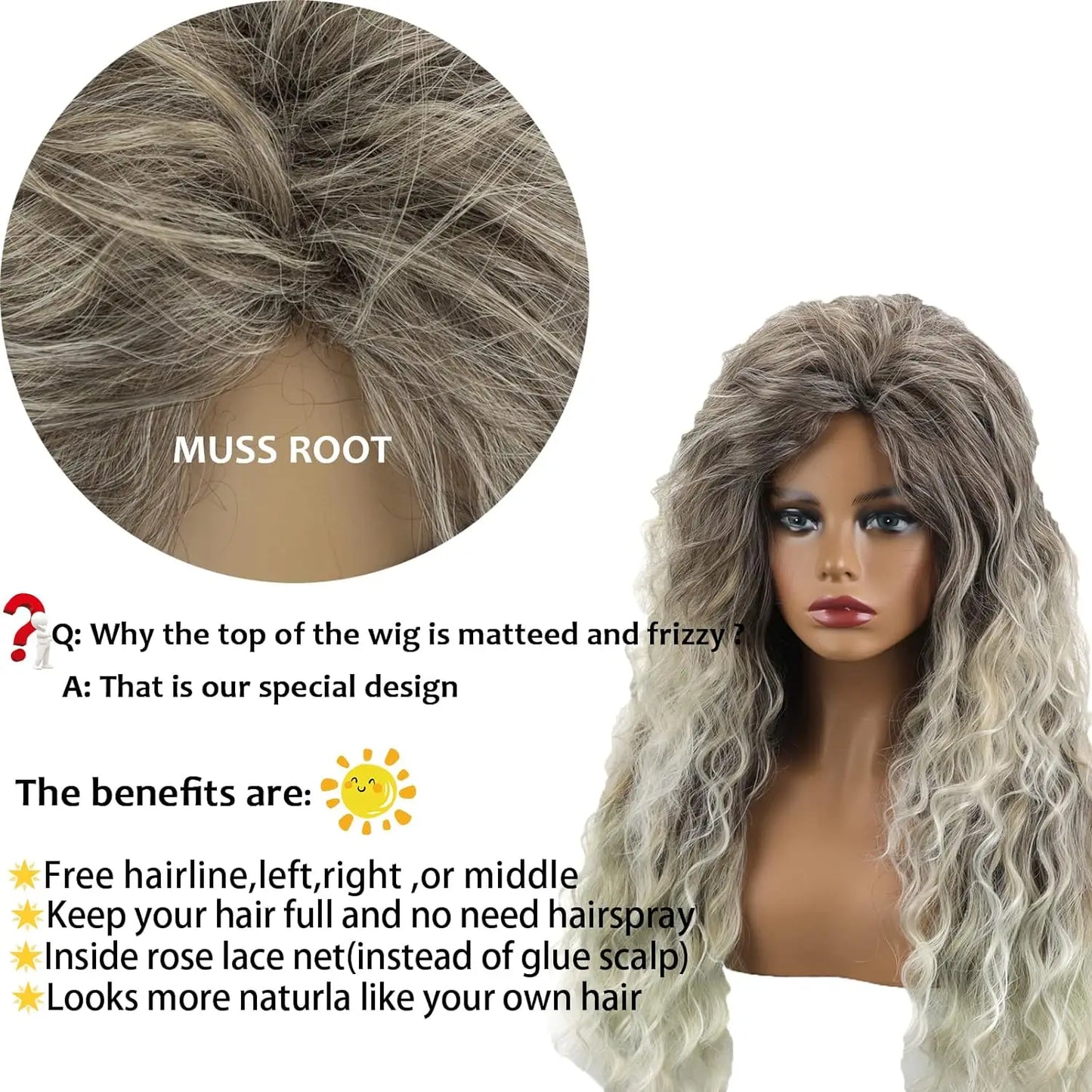Long Curly Ombre Ash Blonde Synthetic Wig for Women - Heat Resistant Wavy Layered Wig for Natural Daily Wear