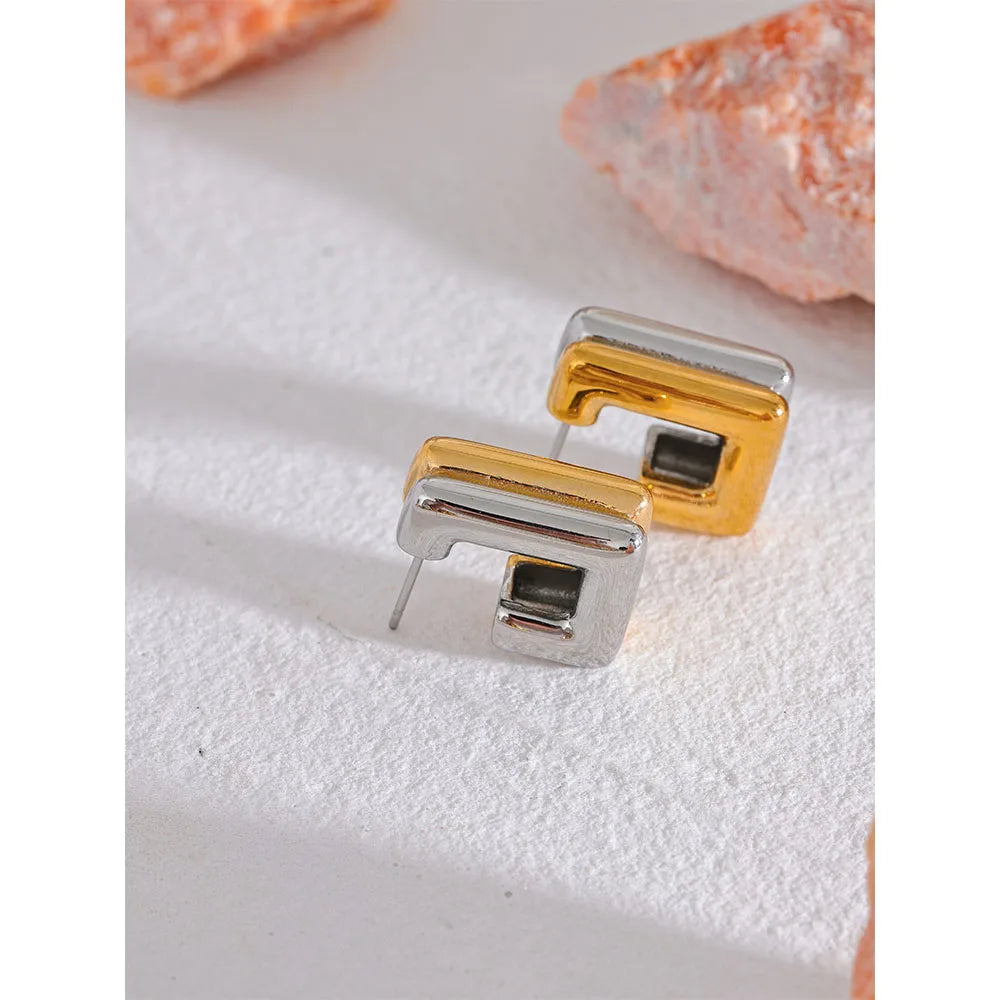Stainless Steel PVD 18K Gold Plated  Square Geometric Gold Silver Double Color Earrings 2023 Metal Texture Charm Waterproof Jewelry for Women