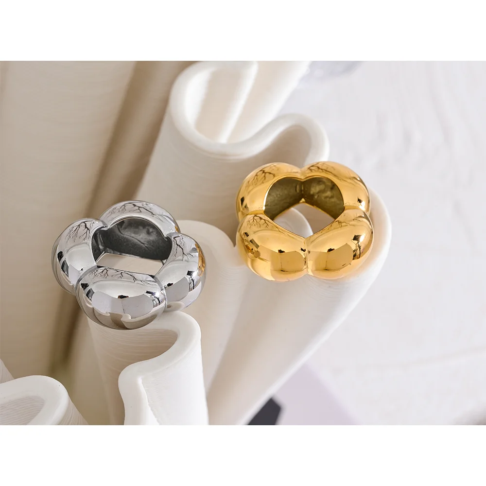 Stainless Steel PVD 18K Gold Plated Flower Hollow Big Fashion Statement Ring 2023 Waterproof Texture Jewelry Attractive Women Bijoux Gift