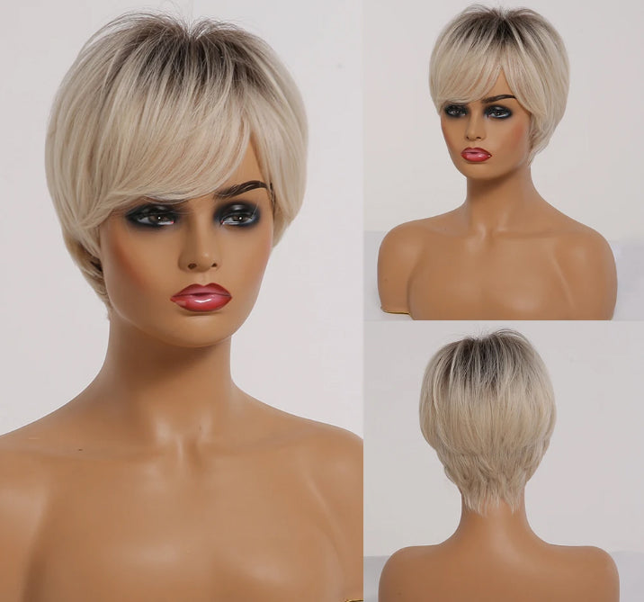 Short Straight Ombre Brown Blonde Bob Wig with Bangs Synthetic Hair Wig for Women Lolita Heat Resistant Fiber